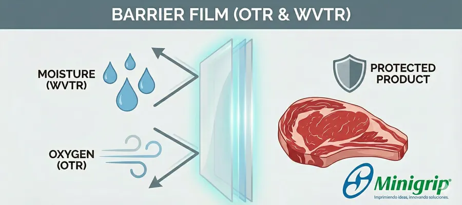 Diagrama de barrera: transmisión de oxígeno (OTR) y de vapor de agua (WVTR) frenadas por la película
