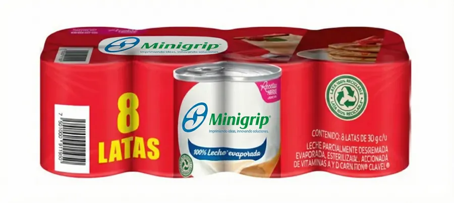 Multipack de ocho latas de leche evaporada en película retráctil impresa